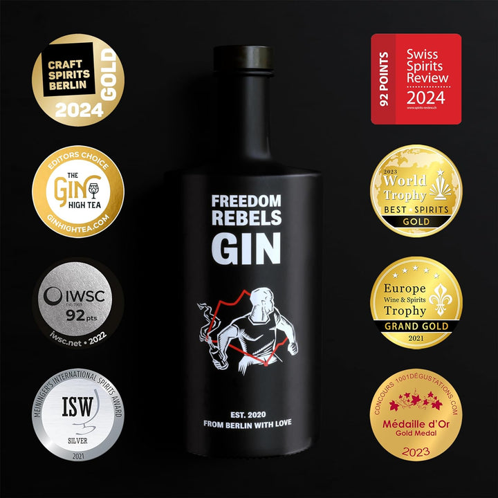 FREEDOM REBELS GIN – From Berlin with Love – Premium Craft Gin – 3-fach destilliert und besonders smooth – vielfach prämiert – Mit 10 Bio-Botanicals in Small Batches destilliert – 0.5l – 50%